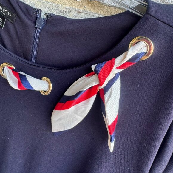 Talbots 3/4 Sleeve Scarf Tie Neckline Navy Blue Fit & Flare Dress Size 16 Petite - Picture 7 of 8